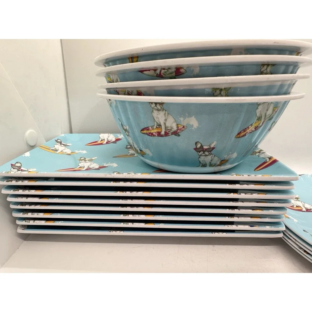 Alex & Zoë French Bulldog Surfing Melamine Dinnerware 17 Pc Plates Bowls Set